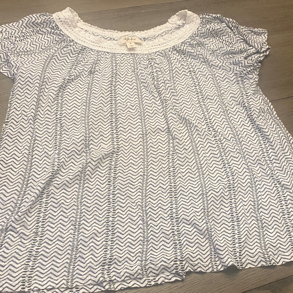 Style & Co. Navy and White Crochet Yoke Blouse
